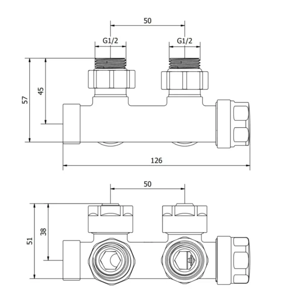 Termostatski dvocevni kutni H-ventil