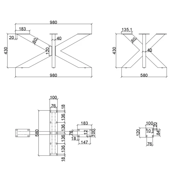 Noge za klub stolić Spider - Crne - 98 x 58 x 43 cm