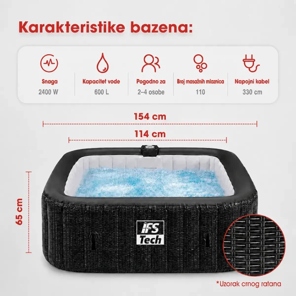 Napuhujući masažni bazen Quadratix 4P - Black Rattan - 154 cm - 2400 W - IFS Tech