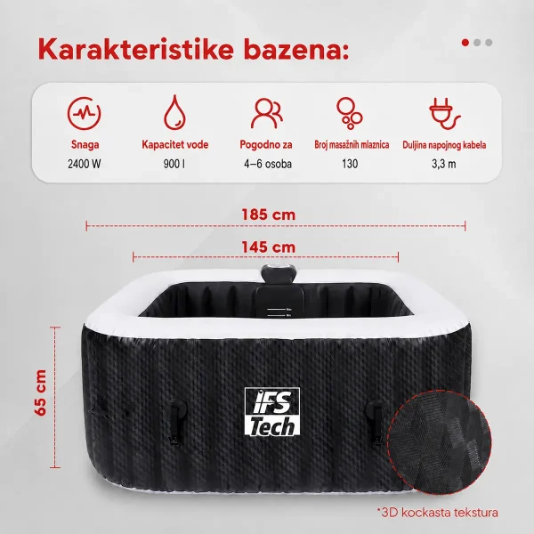 Hidromasažni bazen AquaSpa 6P - Black 3D - 185 cm - 2400 W - IFS Tech