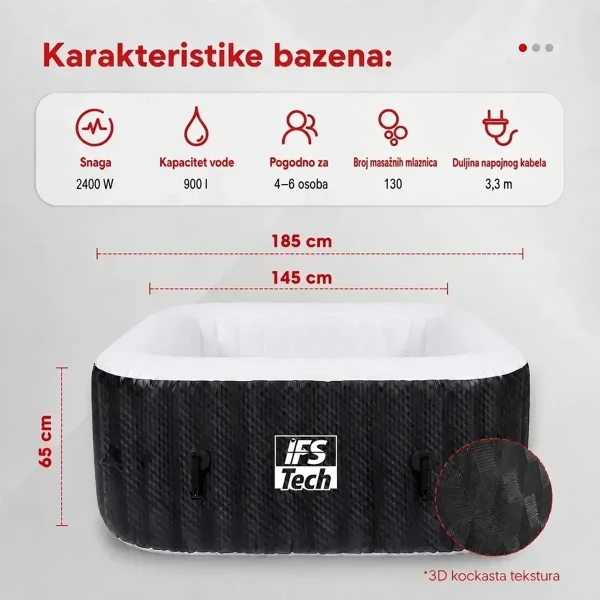 Masažni bazen AquaSpa 6P - Black 3D - 185 cm - 2400 W - IFS Tech