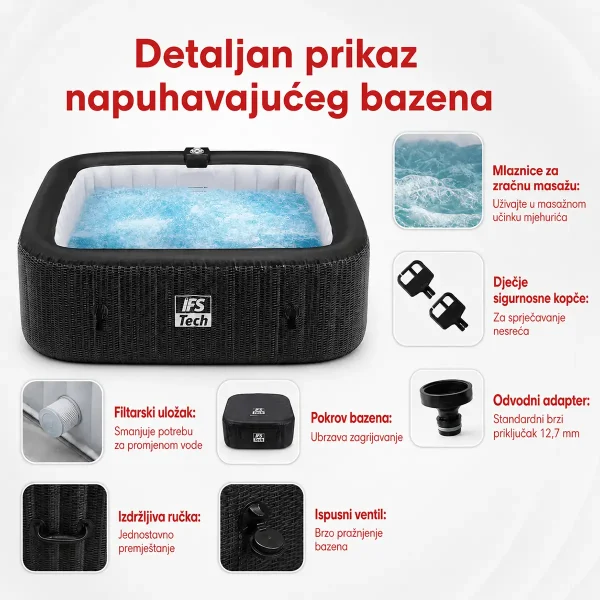 Napuhujući masažni bazen Quadratix 4P - Black Rattan - 154 cm - 2400 W - IFS Tech