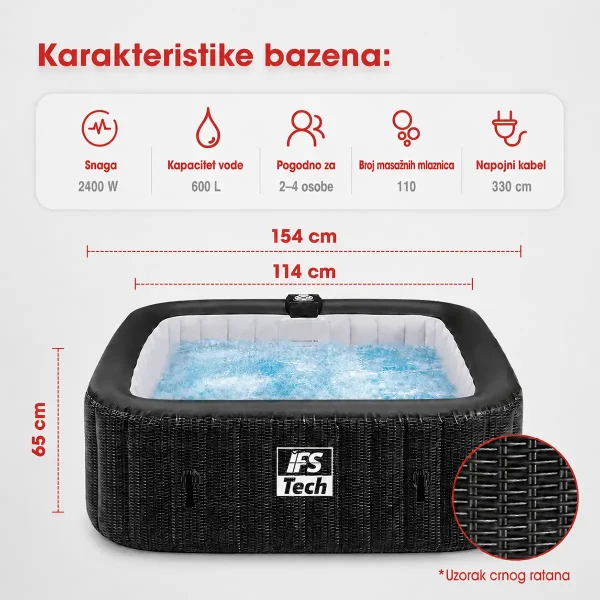 Napuhujući masažni bazen Quadratix 4P - Black Rattan - 154 cm - 2400 W - IFS Tech